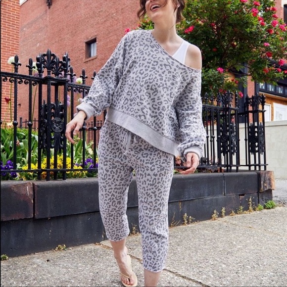 Aerie Sandy Cropped Off The Shoulder Leopard Cheetah Animal Print Gray Oversized - Picture 3 of 10